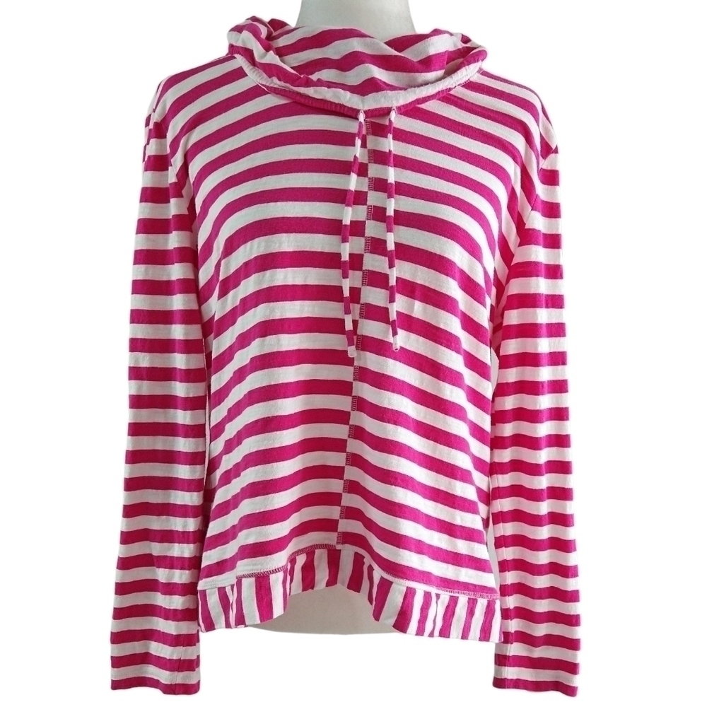 Chico's Zenergy 100% Cotton Hot Pink White Striped Cowl Neck Top Barbiecore